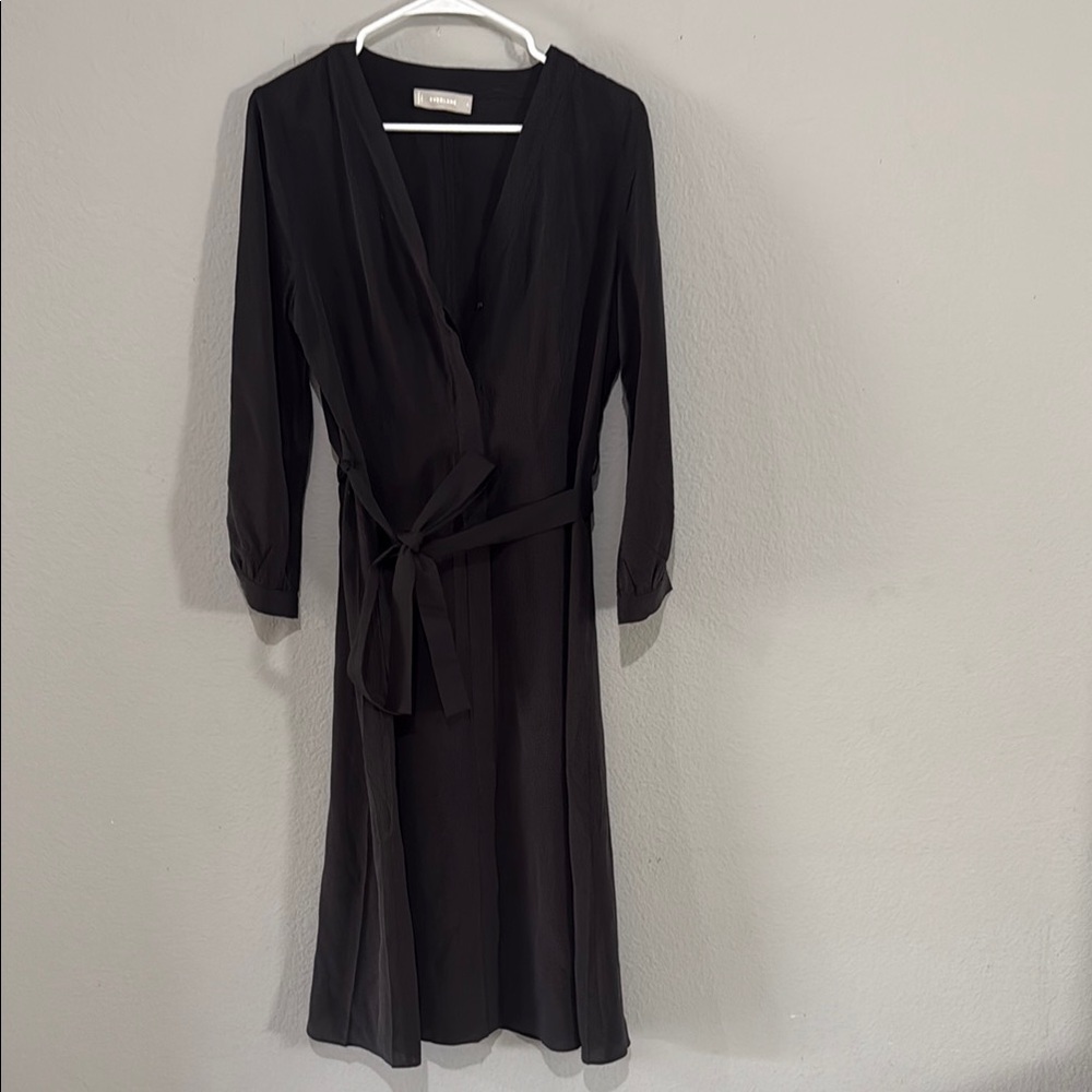 Everlane Black Wrap Dress belted button front midi Cuffed Sleeves cupro blouson - Picture 2 of 14